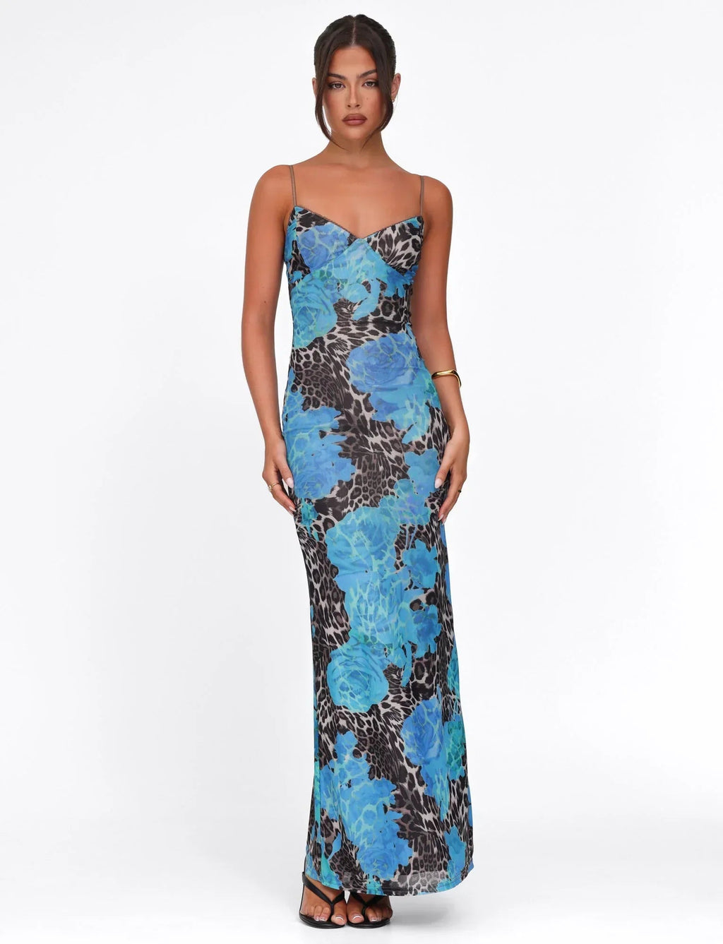Robe longue moulante à col cœur bleue