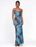 Robe longue moulante à col cœur bleue