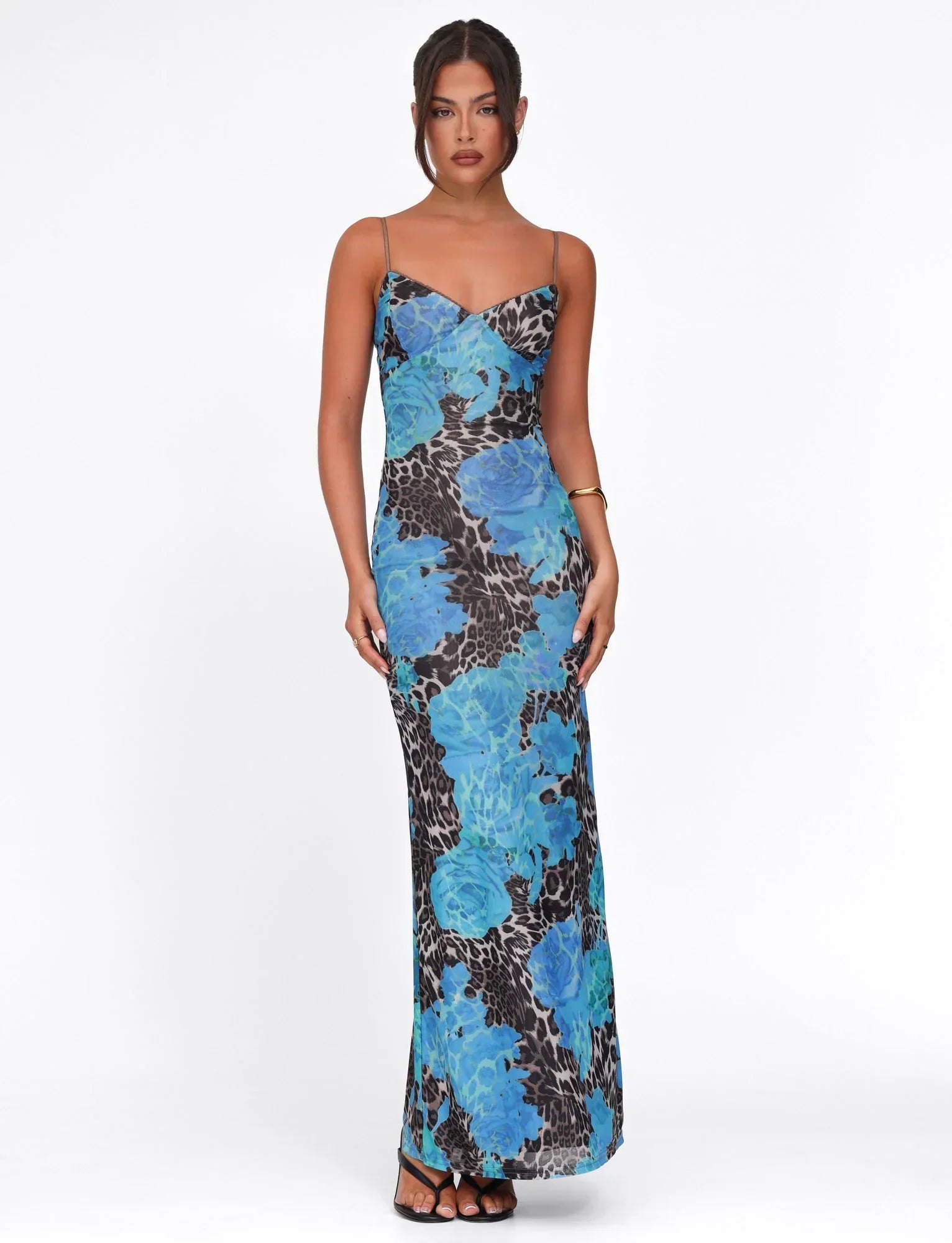 Robe longue moulante à col cœur bleue