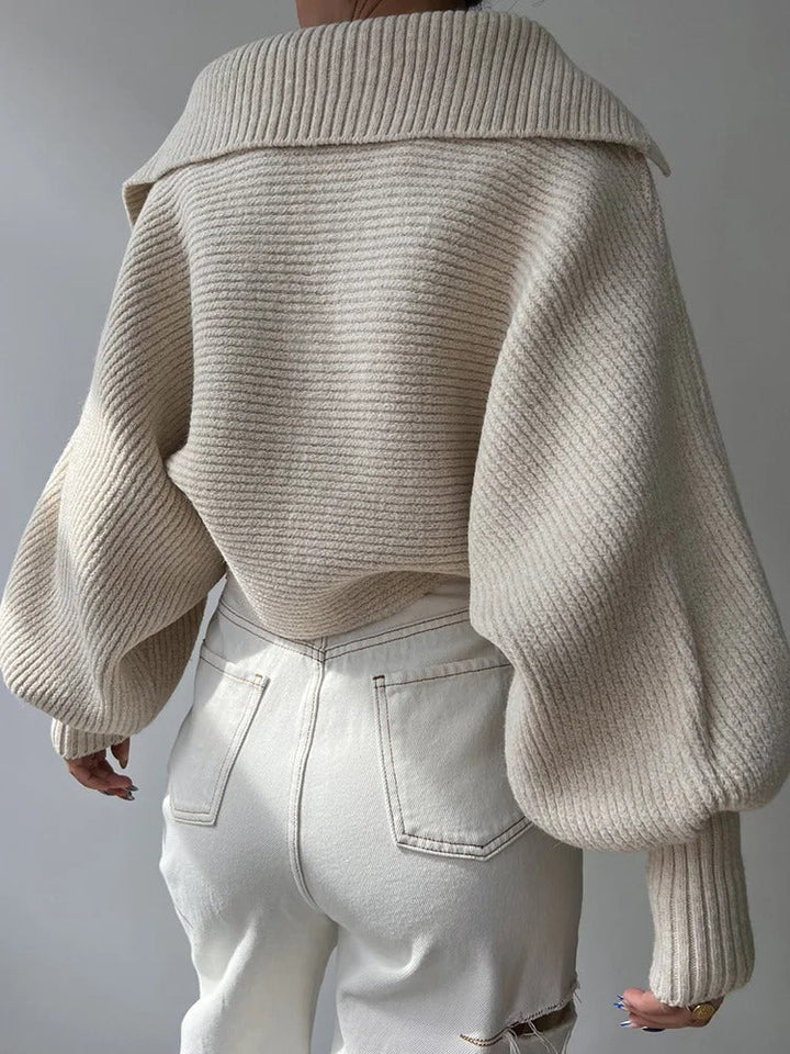 Pull en tricot col ouvert à manches lanterne confortable