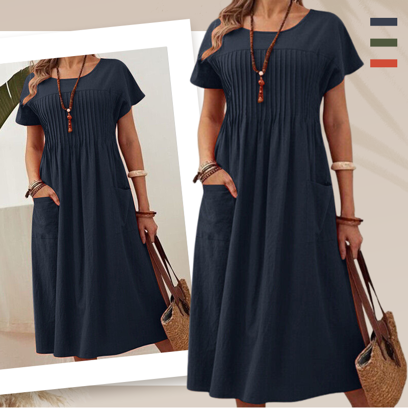 Robe mi-longue plissée à manches courtes avec poches