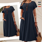 Robe mi-longue plissée à manches courtes avec poches