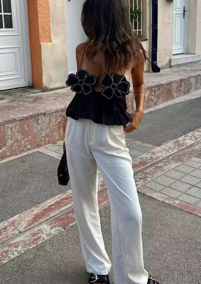 Haut noir en satin pour femme à col bénitier