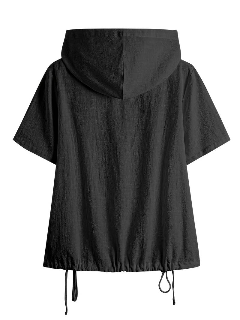 Sweat à capuche à manches courtes texturé ample avec patte de boutonnage