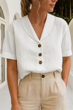 Blouse femme manches courtes avec col foulard et détails à boutons