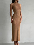 Robe midi sans manches en maille côtelée douce pour femme