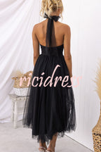 Robe longue en tulle à col licou avec détails froncés