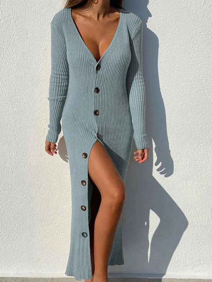 Robe Longue Tricotée Confortable avec Encolure Plongeante Boutonnée