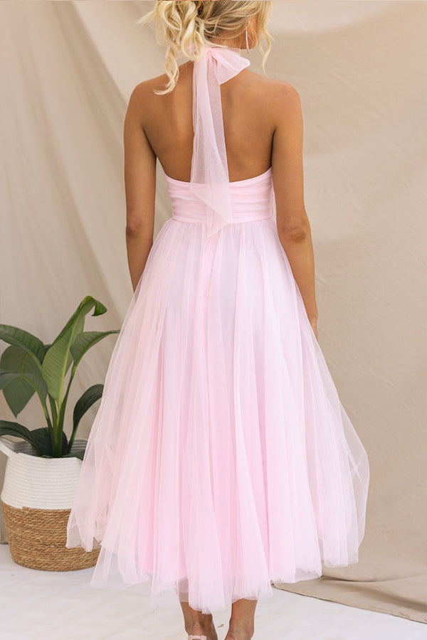 Robe longue en tulle à col licou avec détails froncés