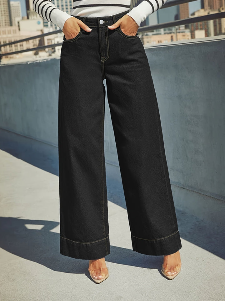 Jean en denim extensible taille haute à jambes larges avec ourlet retourné