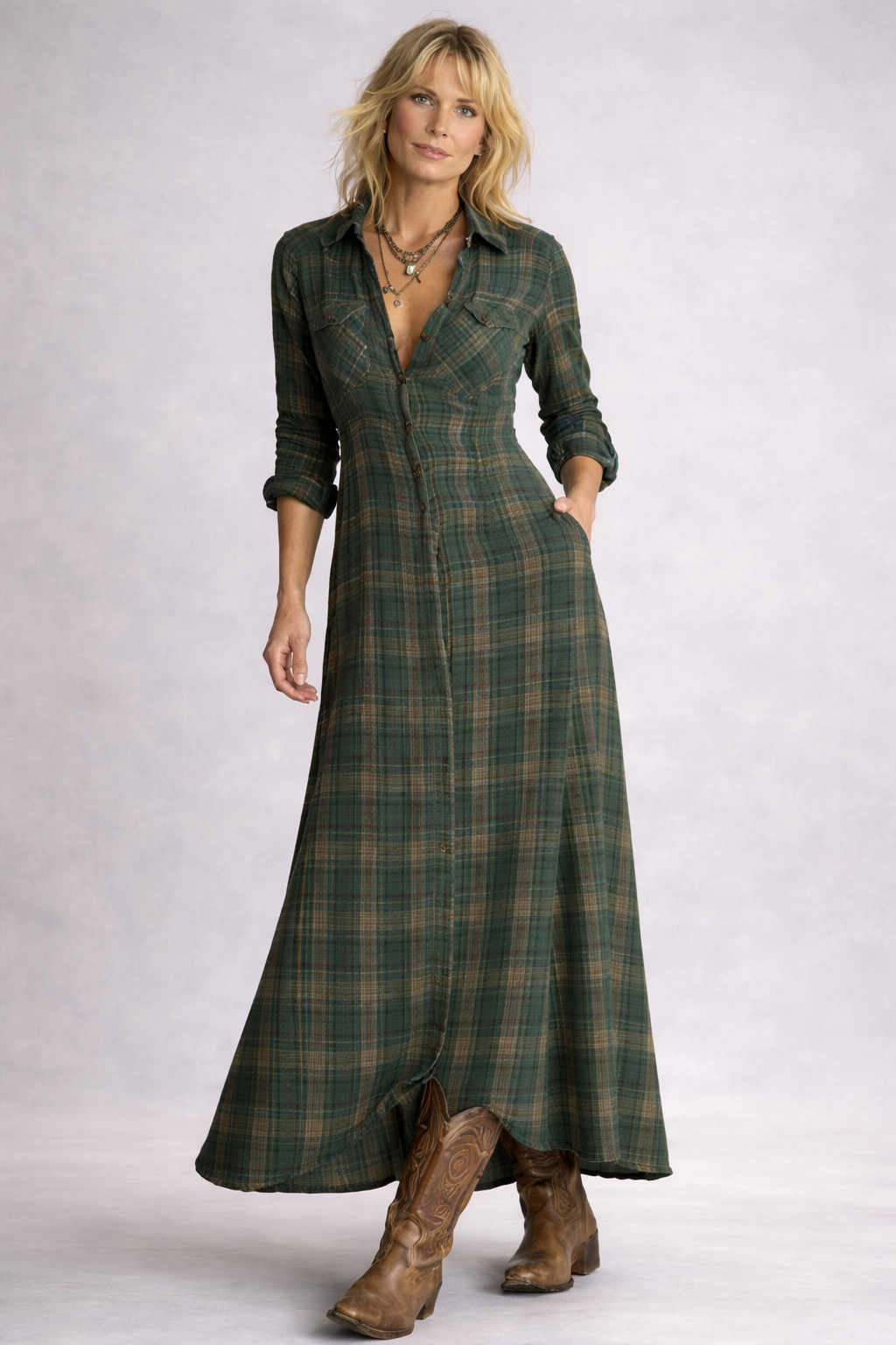 Robe longue à carreaux avec boutons sur le devant