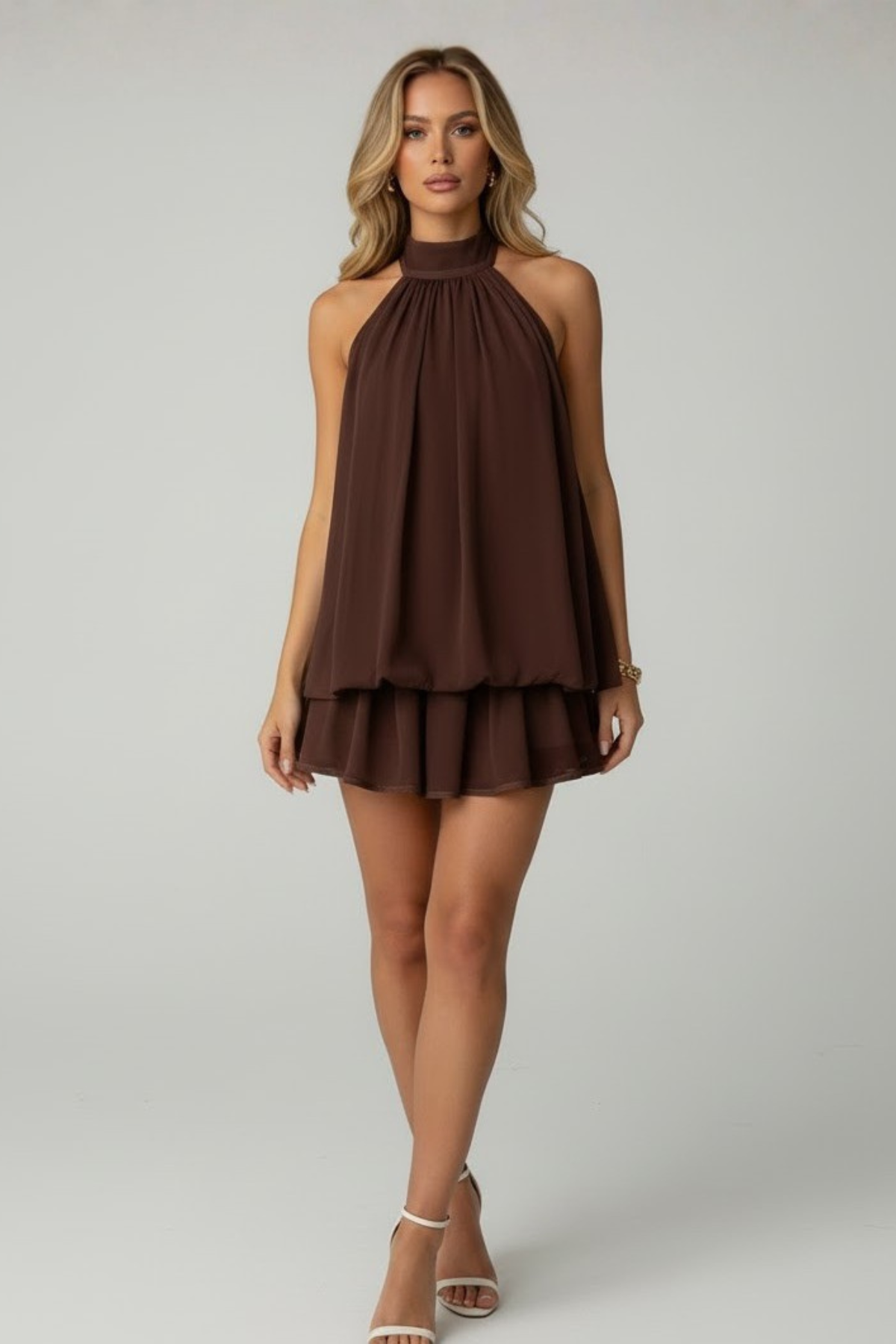 Robe mini sans manches à col licou pour femme avec ourlet à double volant