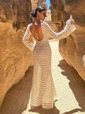 Robe Longue en Crochet Sans Dos avec Manches Longues Transparentes