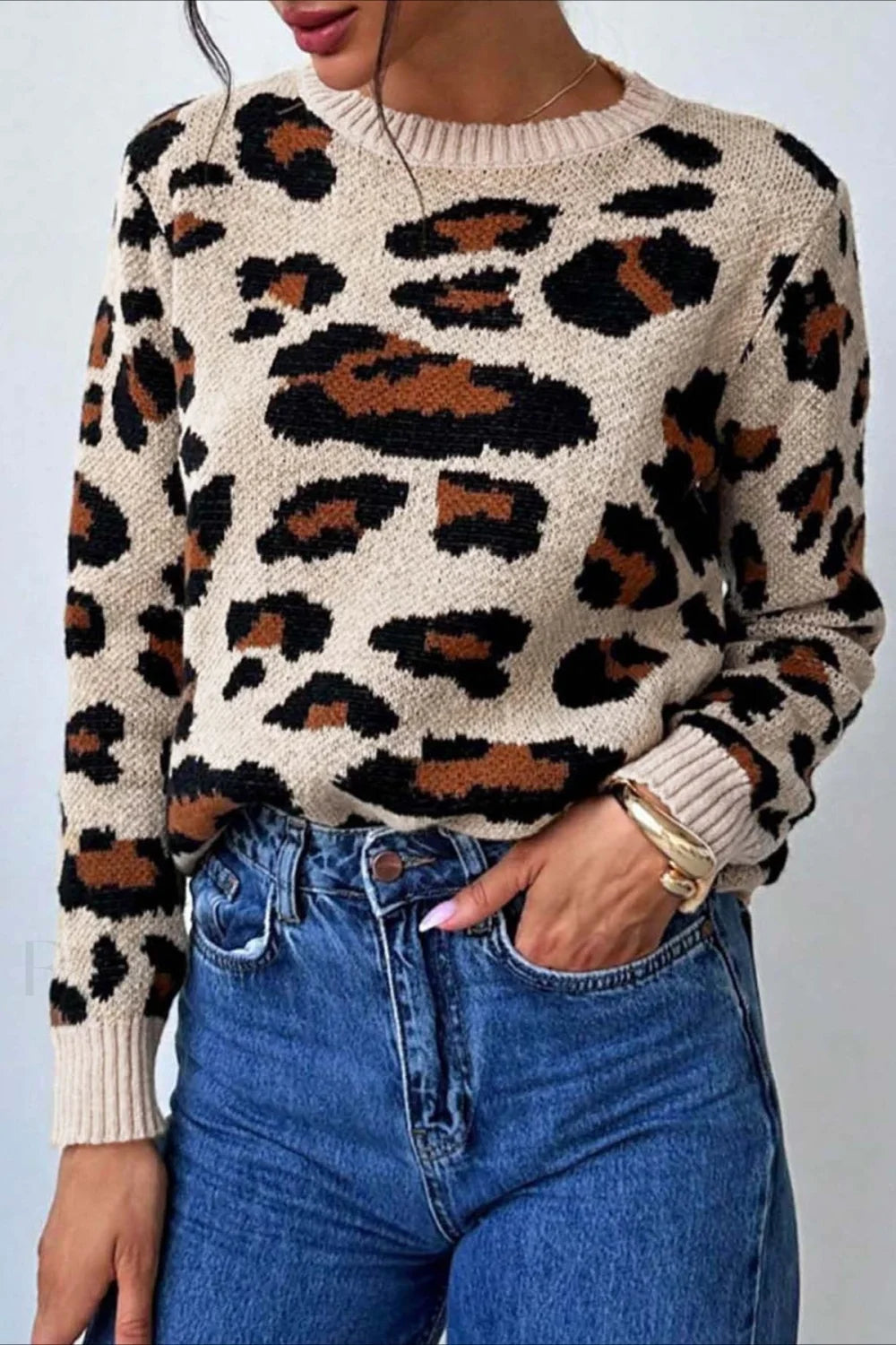 Pull à col rond chic avec imprimé léopard bicolore
