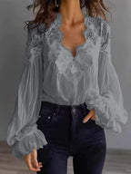 Blouse Femme en Dentelle à Manches Bouffantes Patchwork