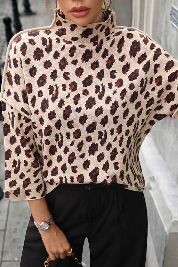 Pull en tricot à motif léopard confortable avec col roulé ample
