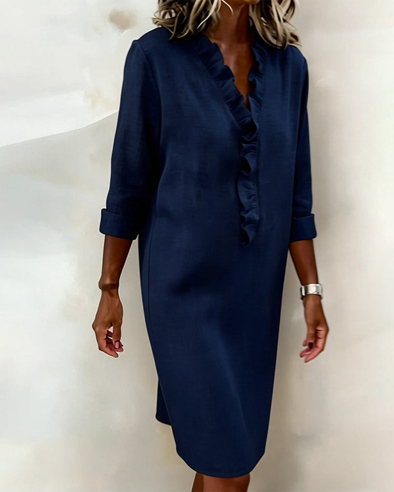 Robe droite en mélange de lin avec volants aérienne