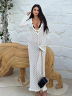 Robe Maxi de Plage en Maille Crochet avec Décolleté Plongeant à Lacets et Détail Volanté