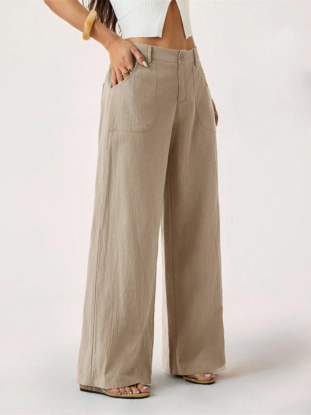 Pantalon taille haute large en mélange coton lin