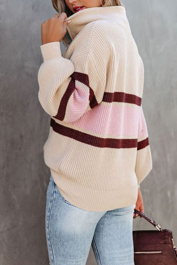Pull tricoté décontracté à col zippé patchwork confortable