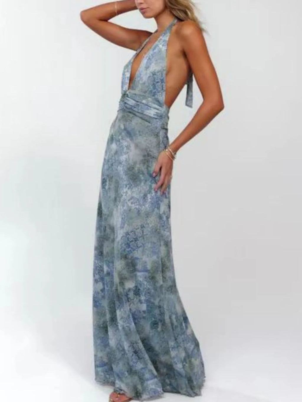 Robe longue froncée à col halter imprimé floral
