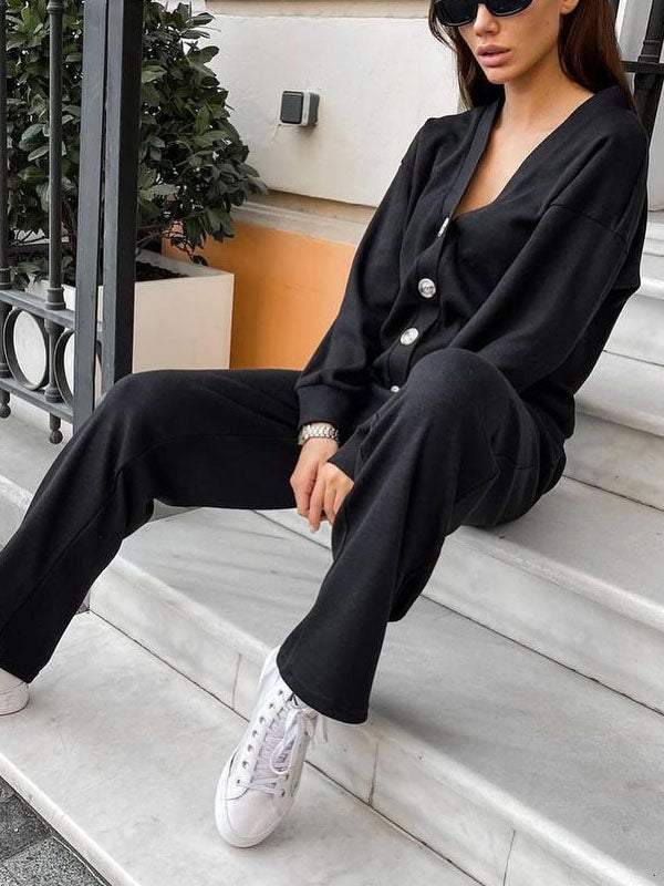 Ensemble décontracté confortable pull à col en V et pantalon
