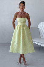 Robe midi bustier en jacquard floral citron