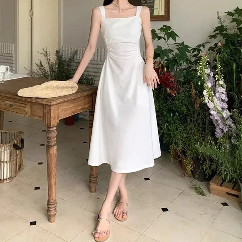Pauline Laurent® | Robe midi blanche à encolure carrée