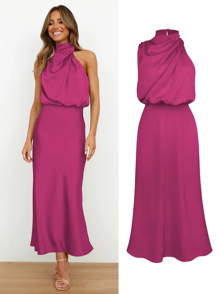 Robe midi en satin pour femme à encolure asymétrique