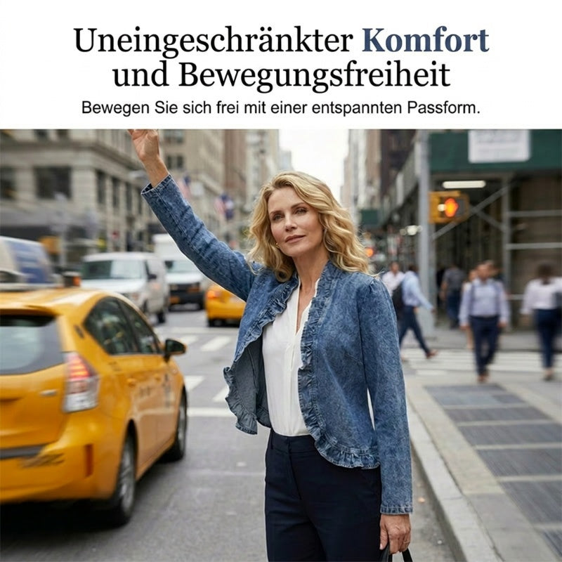 Veste en jean pour femmes avec bordure à volants et devant ouvert
