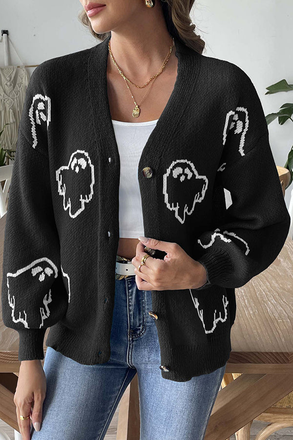 Pull en tricot confortable d'Halloween avec fantôme et boutons devant