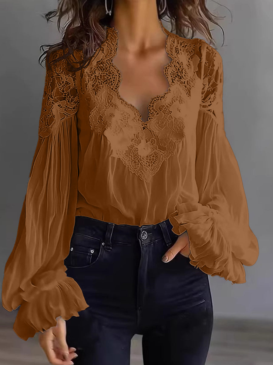 Blouse Femme en Dentelle à Manches Bouffantes Patchwork