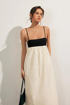 Robe midi ample en mélange lin et coton noir et blanc