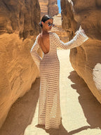 Robe Longue en Crochet Sans Dos avec Manches Longues Transparentes