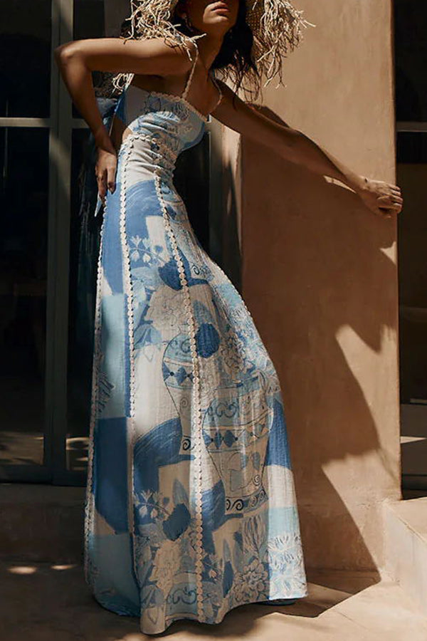 Sophie Paris® | Robe Maxi à Nouer au Dos avec Galon Ric Rac et Imprimé Unique