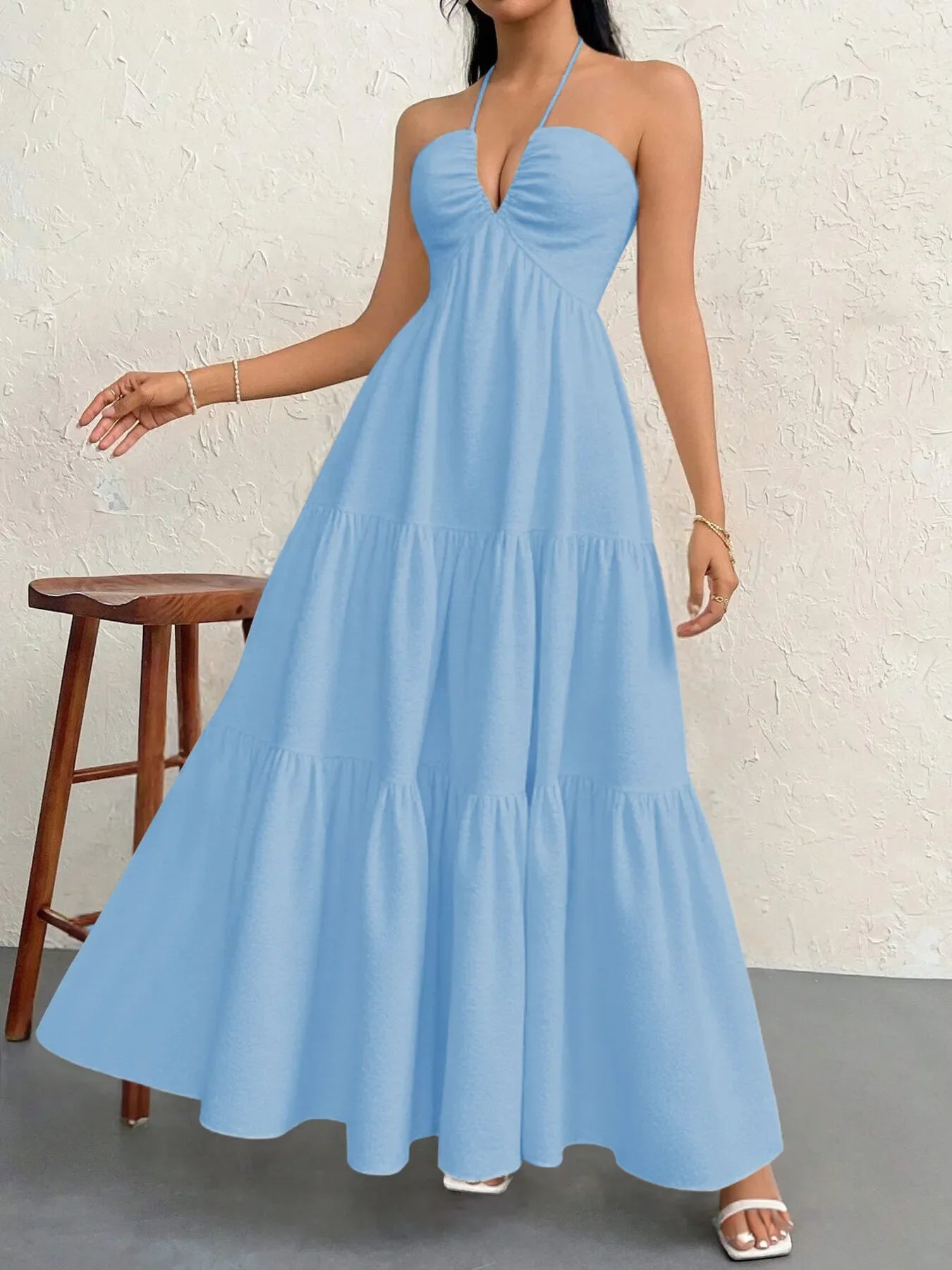 Robe Longue À Étage Dos Nu à Col Halter