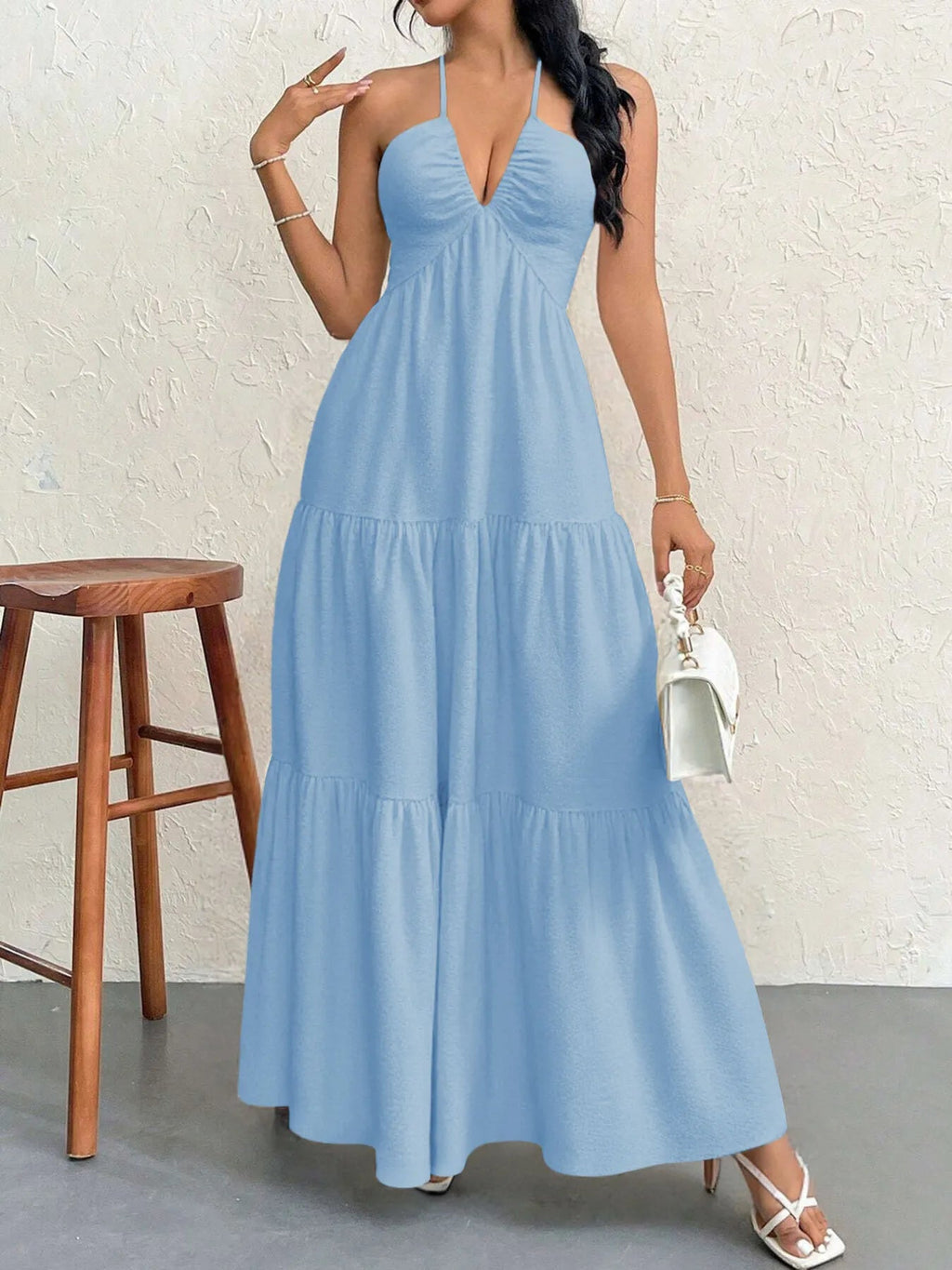 Robe Longue À Étage Dos Nu à Col Halter