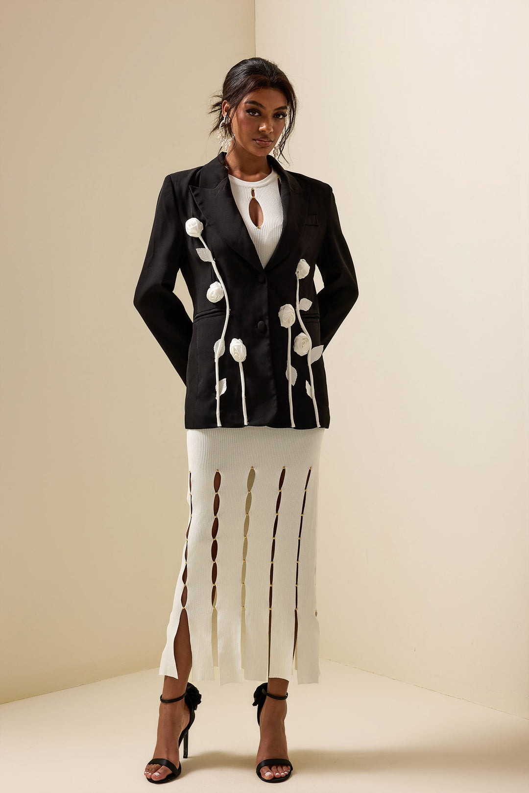 Veste Blazer à Manches Longues avec Contraste Fleuri