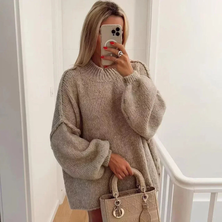 Pull en tricot confortable à col roulé avec manches bouffantes tendance