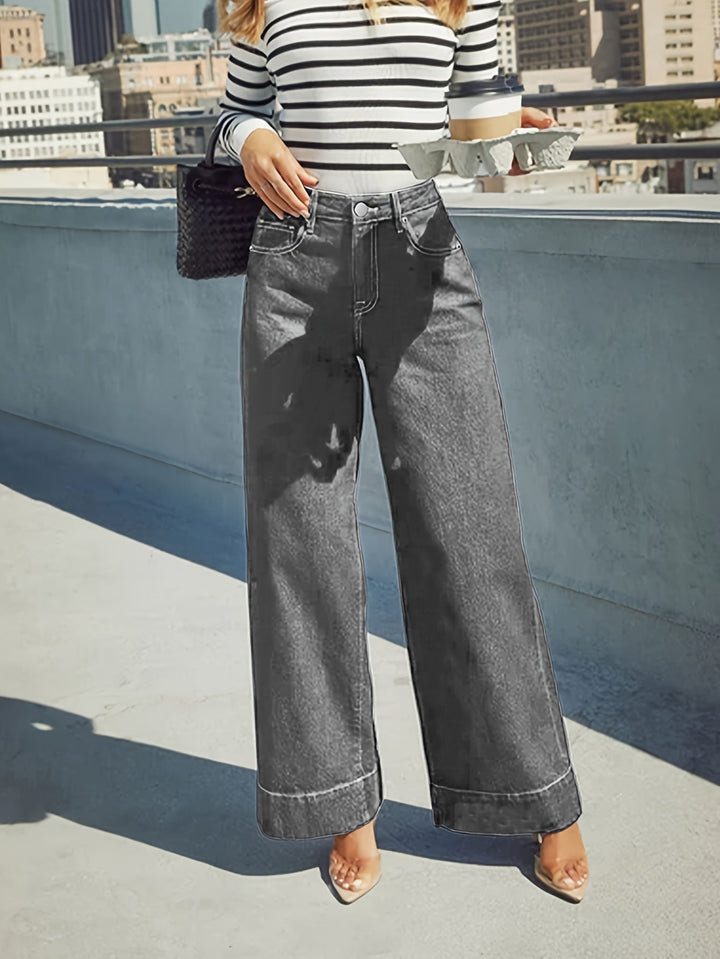 Jean en denim extensible taille haute à jambes larges avec ourlet retourné