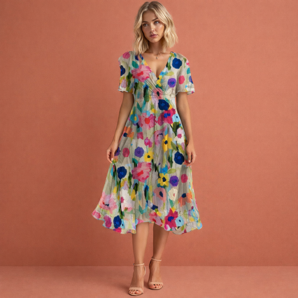 Robe midi à imprimé floral avec manches courtes pour femmes
