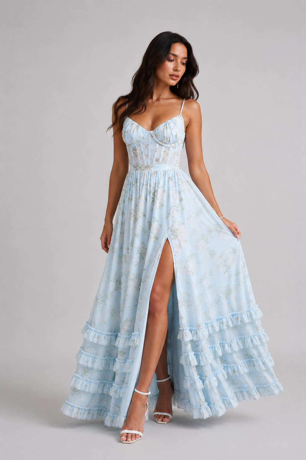 Robe Maxi à Bretelles Spaghetti avec Ourlet à Volants