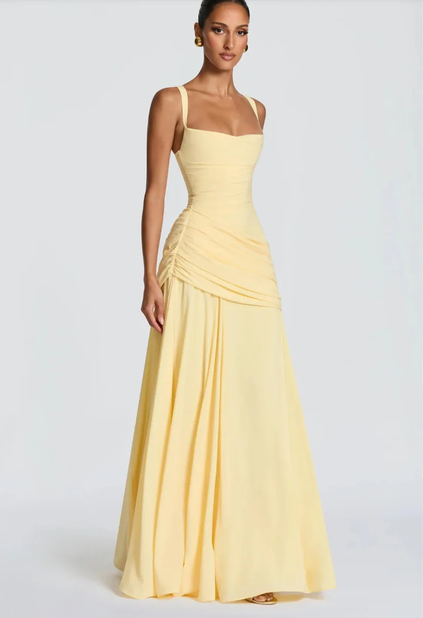 Robe Maxi Jaune Drapée Froncée pour Femme