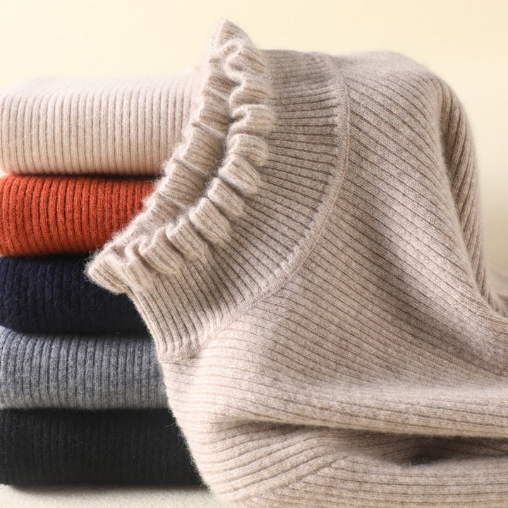 Pull en maille col roulé confortable avec bordure à volants féminine