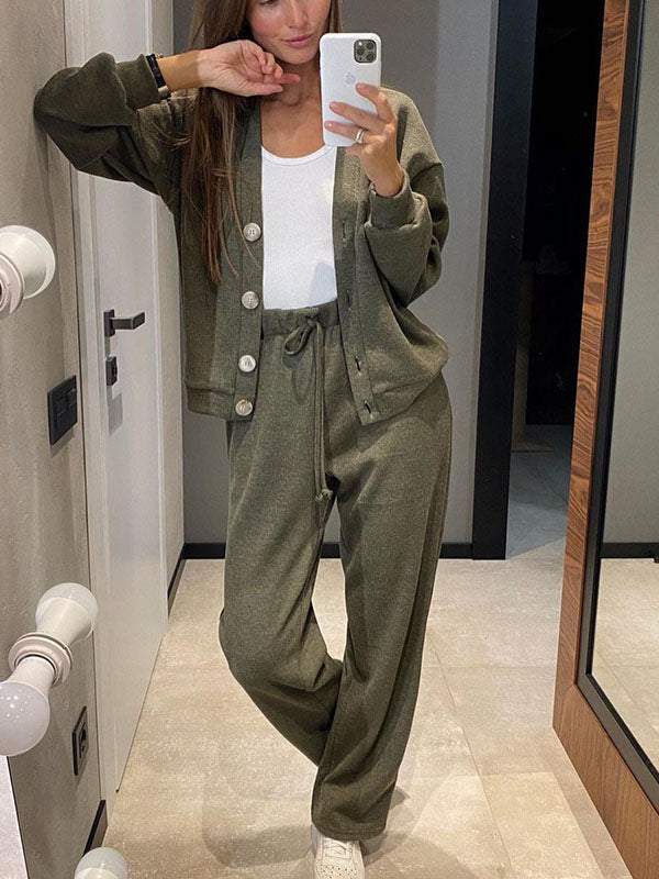 Ensemble décontracté confortable pull à col en V et pantalon