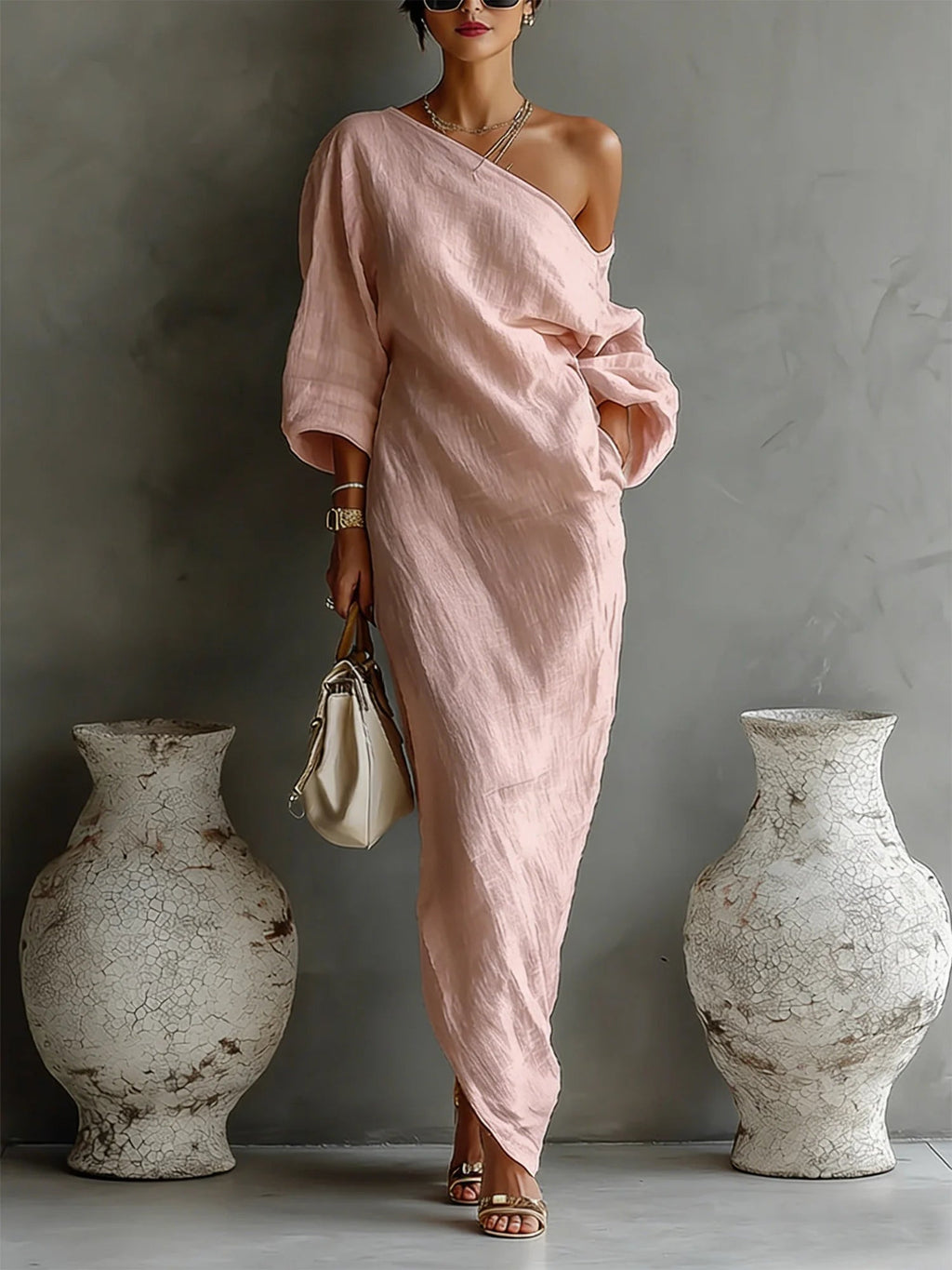Robe Maxi en Lin à Manches Bouffantes pour Femme