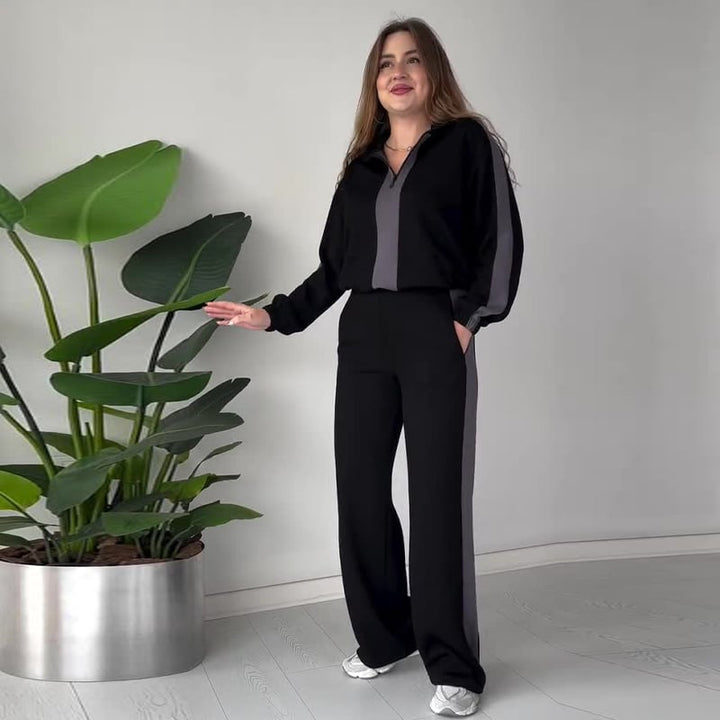 Ensemble chic 2 pièces : haut à col à zip et pantalon