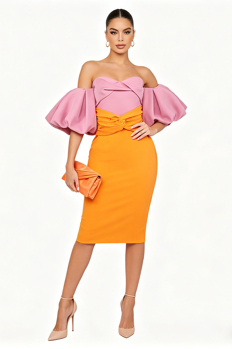 Robe mi-longue à manches ballon bicolore
