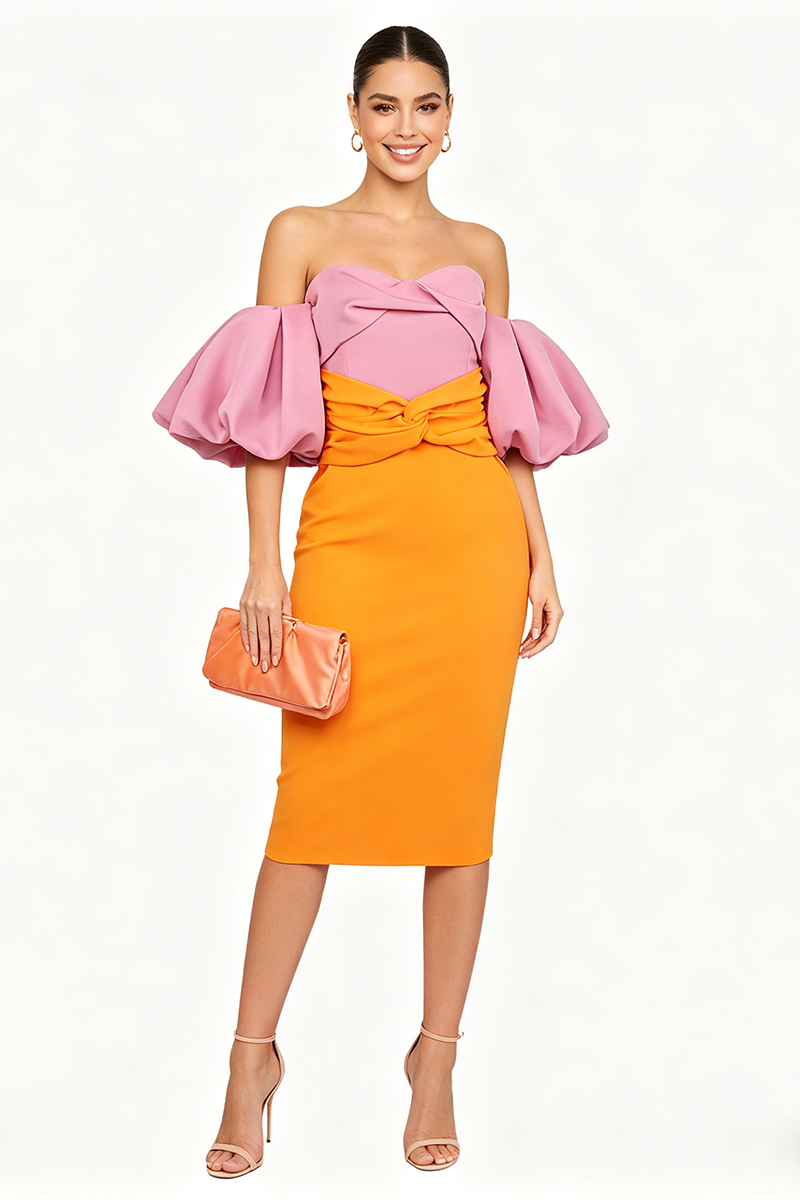 Robe mi-longue à manches ballon bicolore