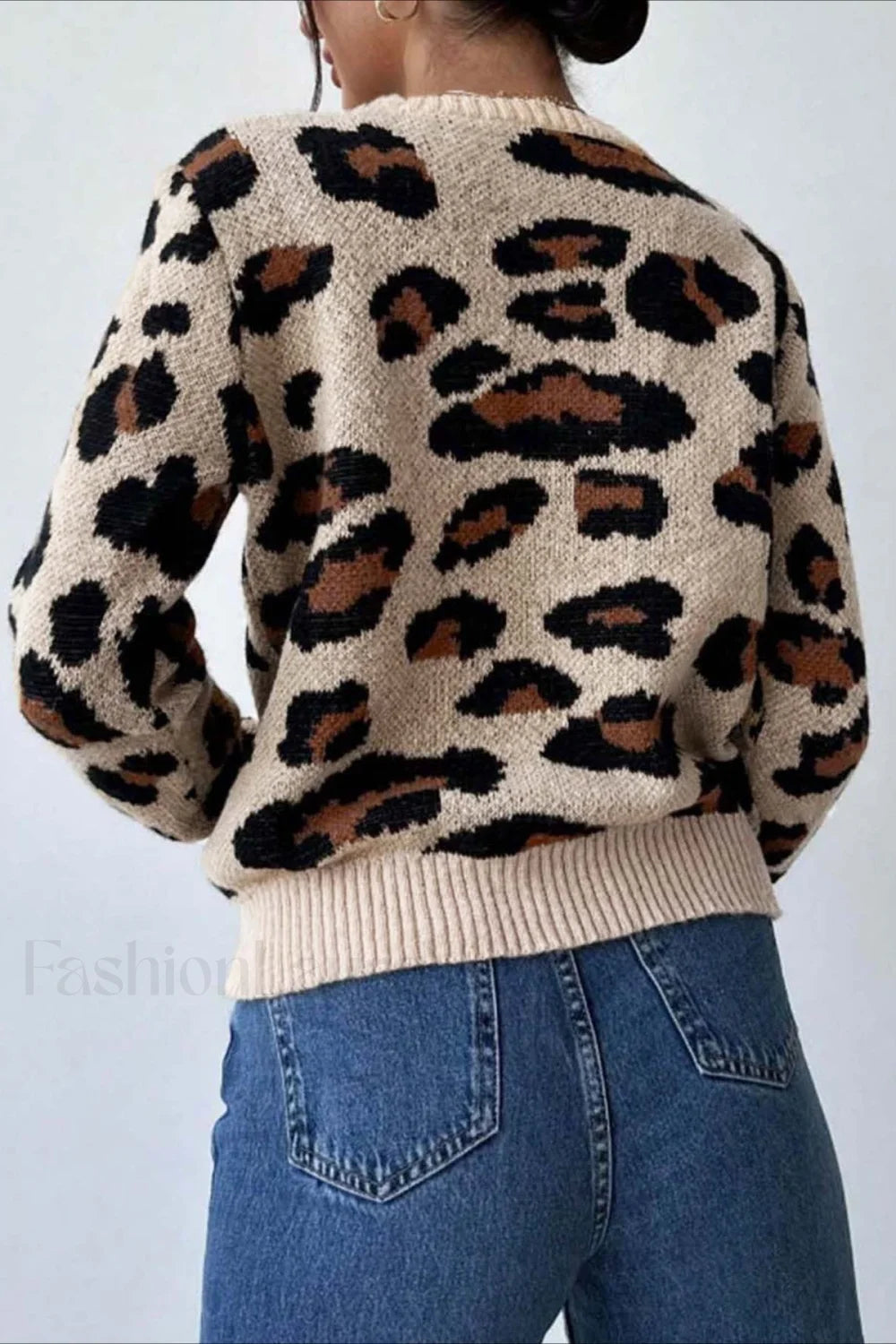 Pull à col rond chic avec imprimé léopard bicolore